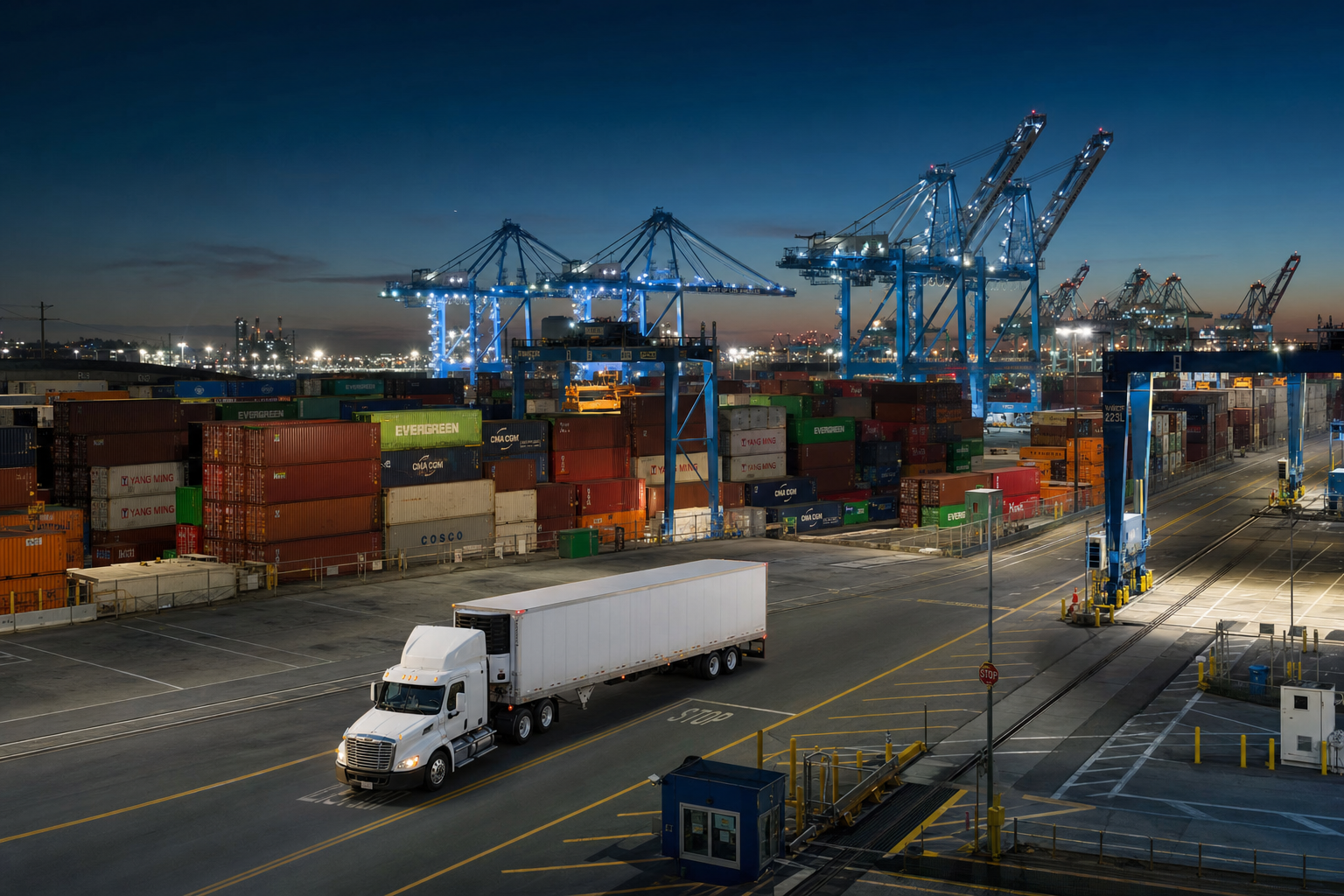 Shipping containers at the Port of Los Angeles with semi-truck
